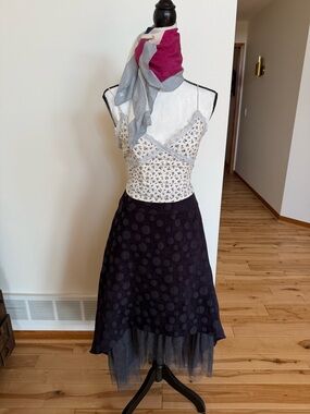 NWT Polka Dot Midi Skirt with Tulle Hem dark blue/purpley